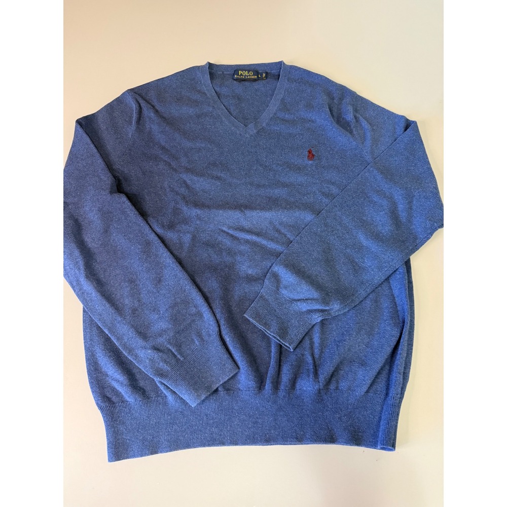 Polo Ralph Lauren Mens Blue Pima Cotton V-Neck Sweater Size L RN 41381
